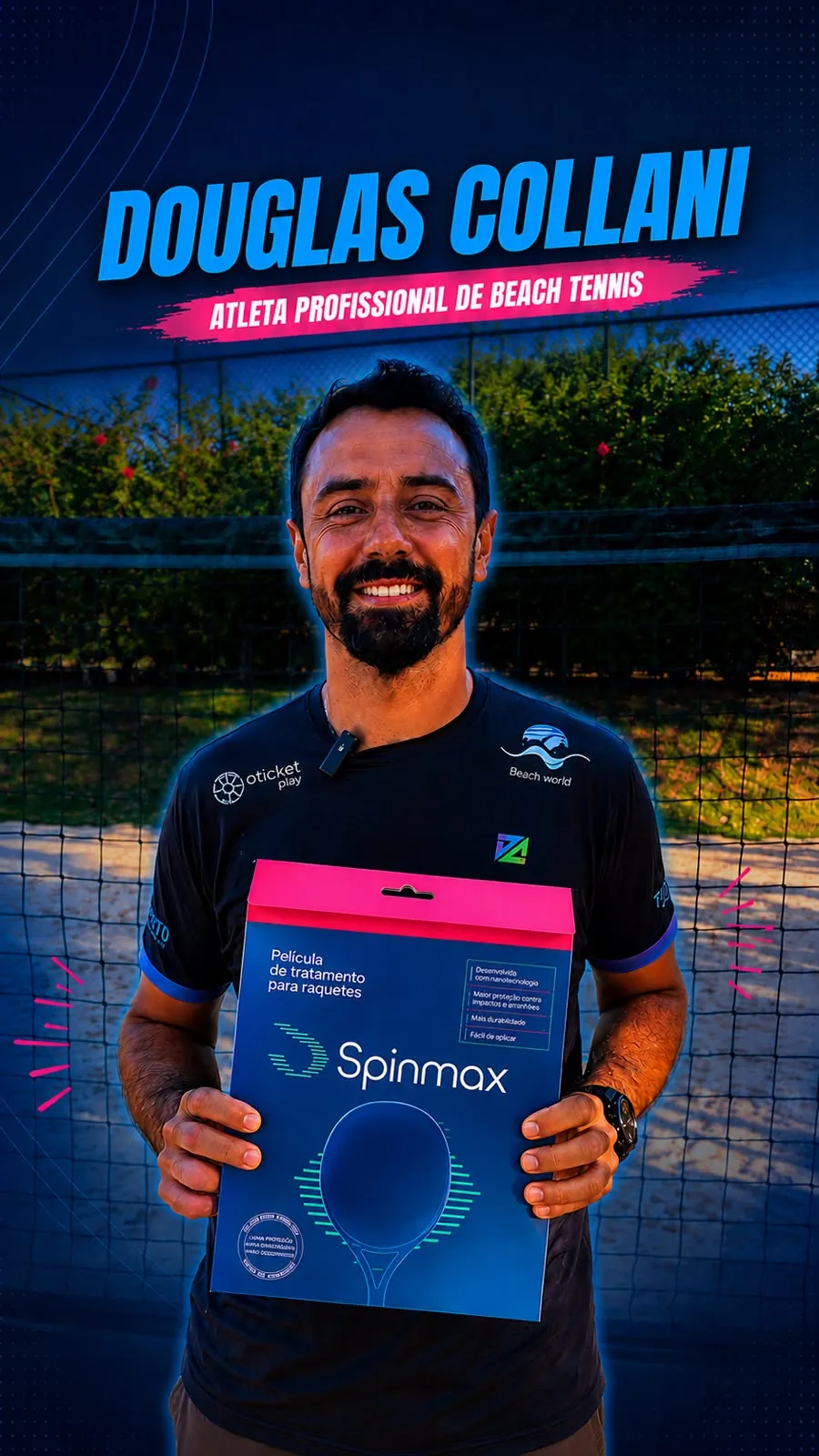 Douglas Collani, atleta profissional de beach tennis, com a Película de tratamento Spinmax nas mãos